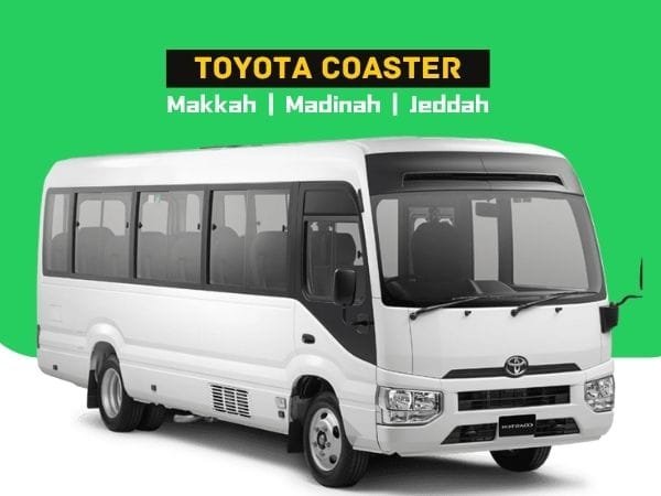 Toyota Coaster 17-seater minibus for Umrah pilgrims and Ziyarah tours in Madinah.