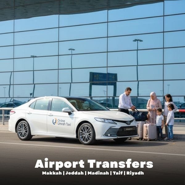 A taxi driver helping pilgrims with luggage at Jeddah Airport pickup area