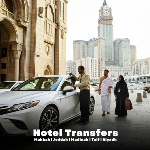 Taxi driver opening car door at Makkah hotel entrance