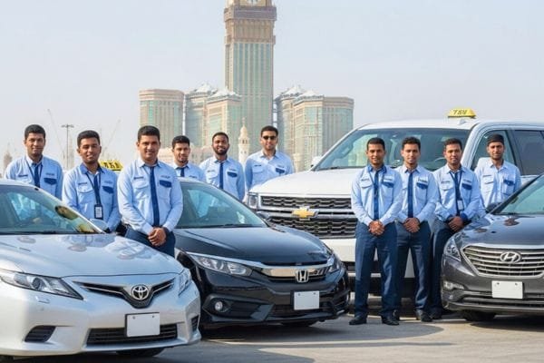 Professional driver team of Online Umrah Taxi with modern fleet near Makkah Clock Tower, representing reliability and respect