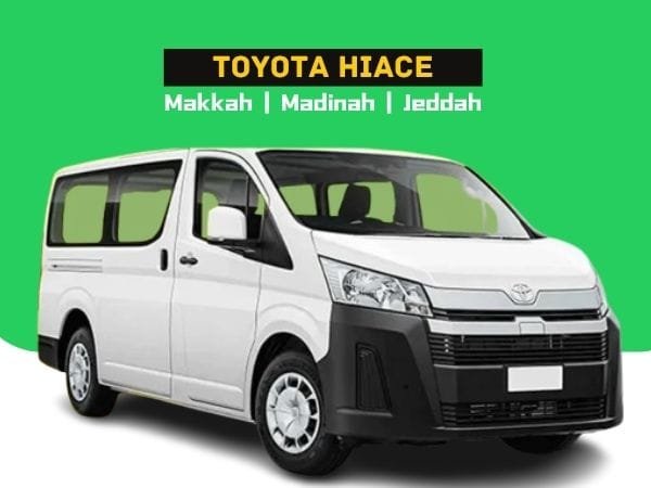 Toyota Hiace 11-seater taxi for Umrah pilgrim groups traveling from Makkah to Madinah.