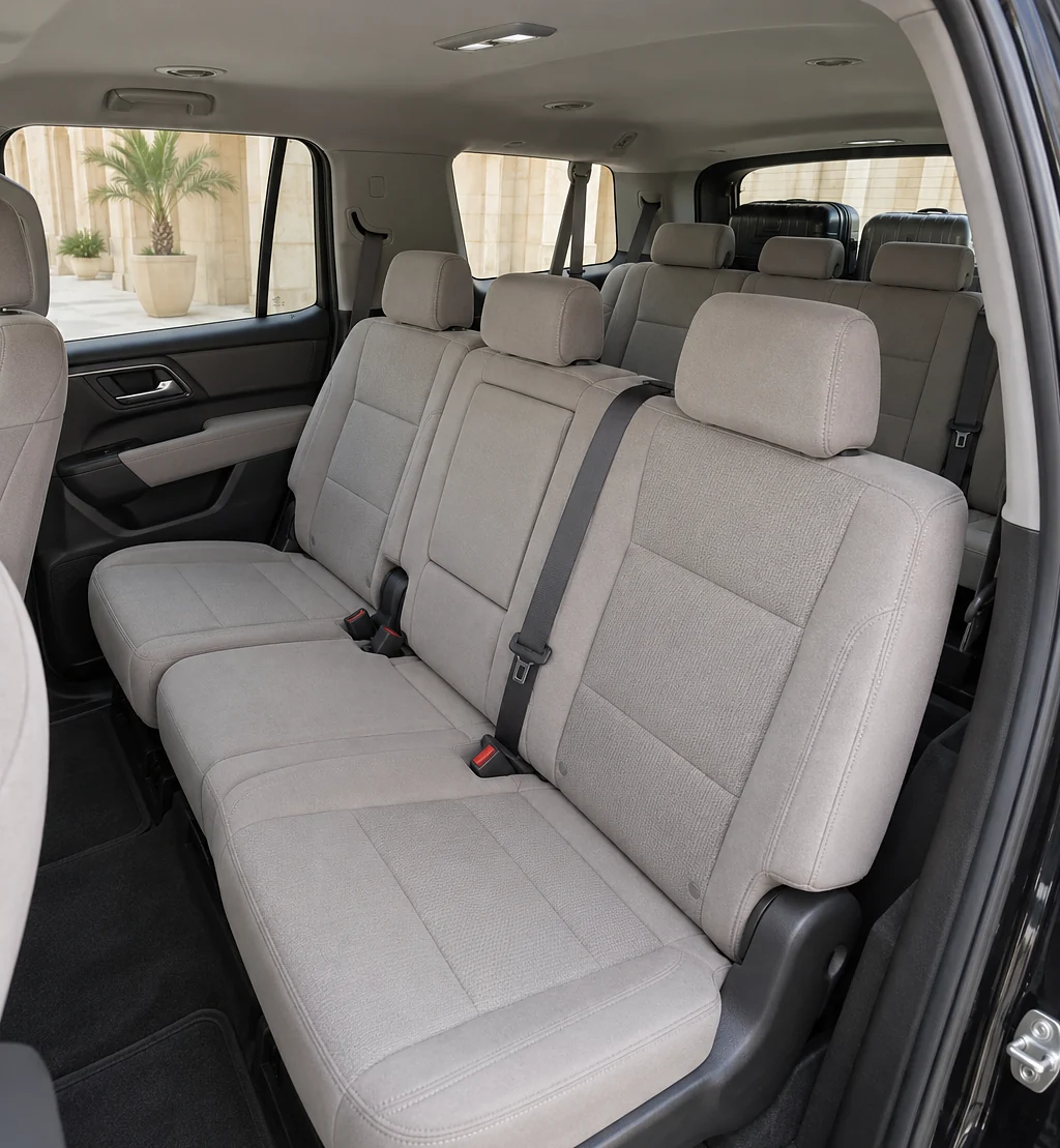 Inside the Chevrolet Suburban: seats and luggage space for Umrah pilgrims