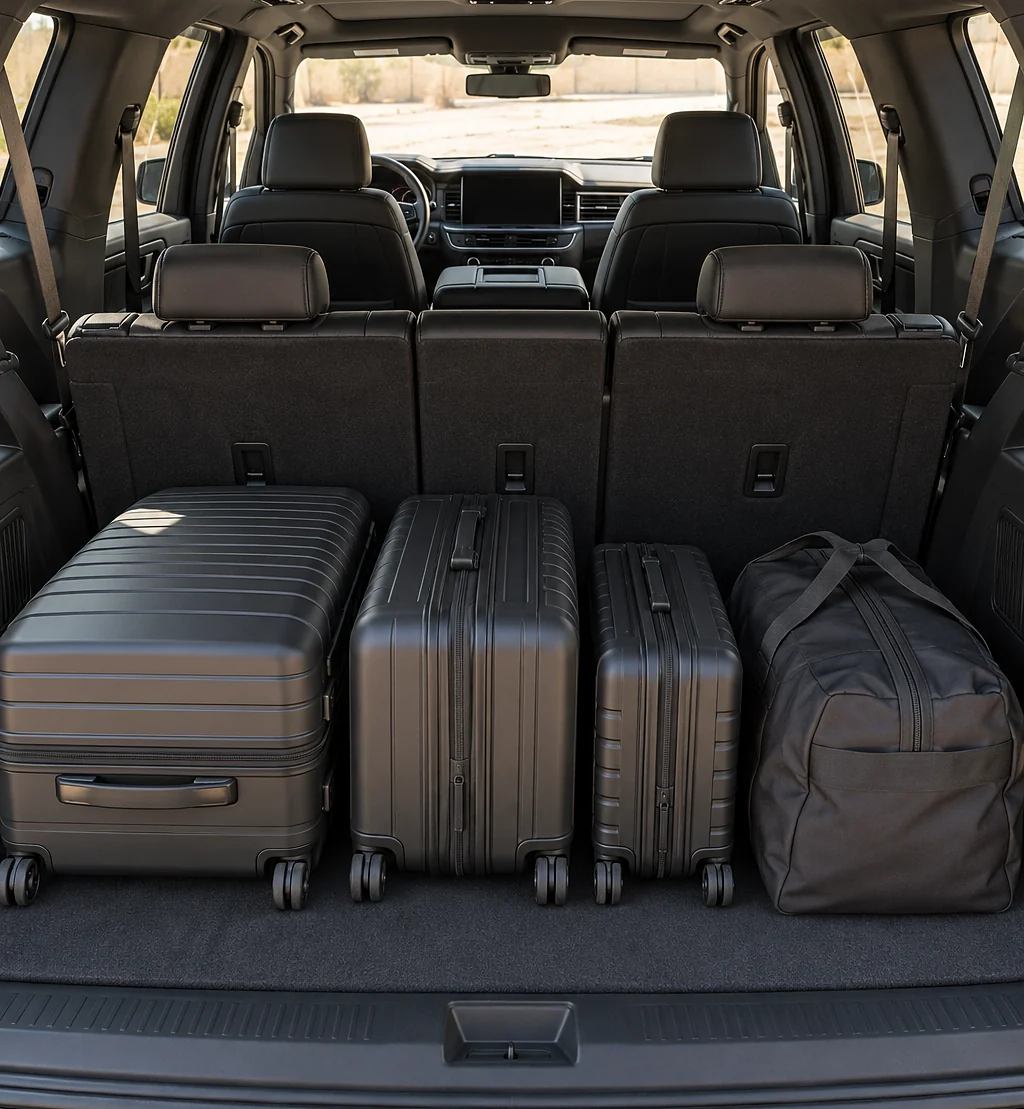 Inside the GMC Yukon XL: seats and luggage space for Umrah pilgrims