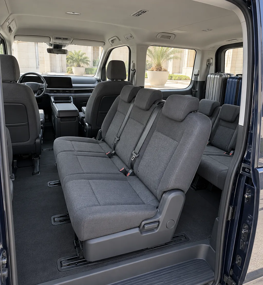 Inside the Hyundai Staria: seats and luggage space for Umrah pilgrims