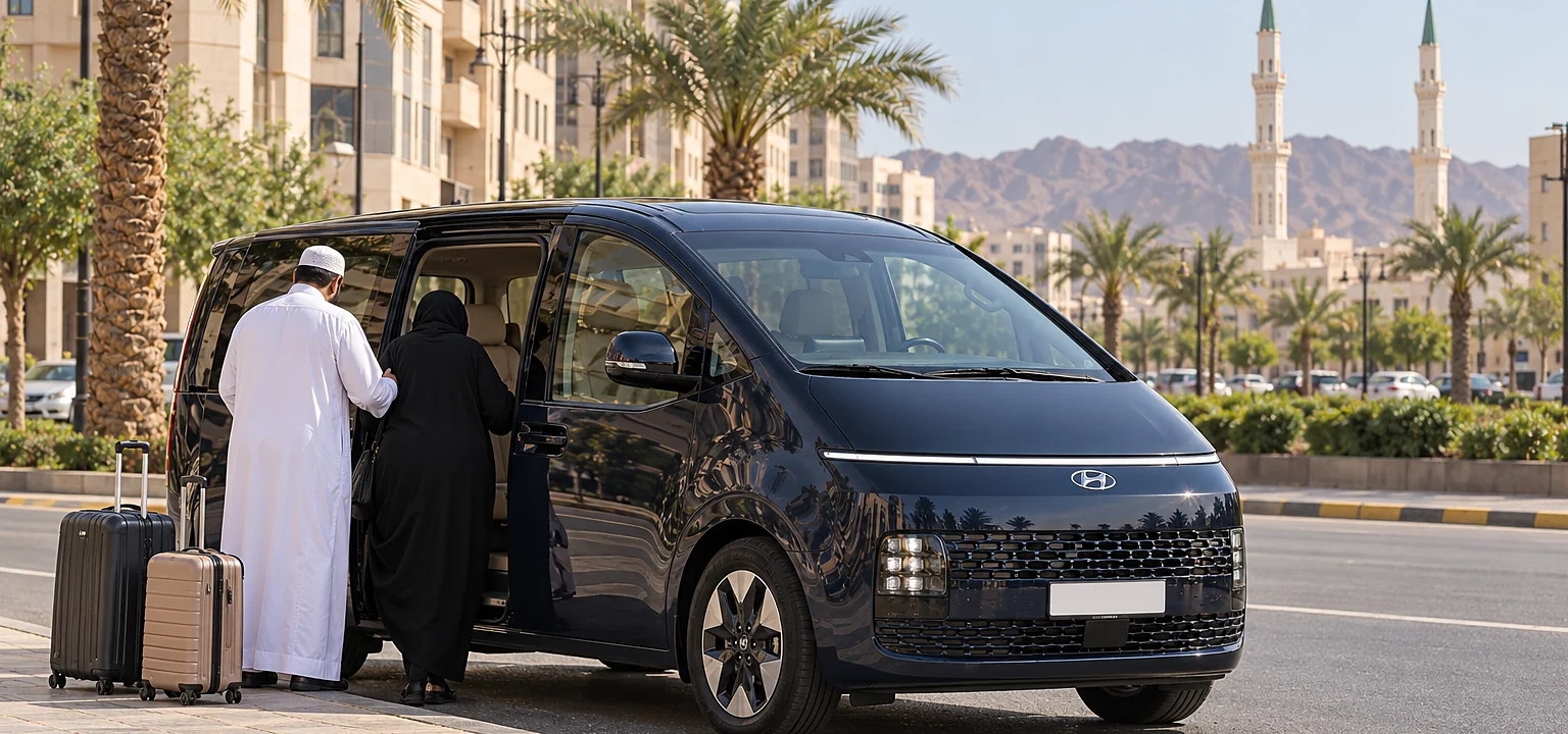 Hyundai Staria Umrah taxi: our Hyundai Staria for pilgrims in Makkah, Madinah and Jeddah