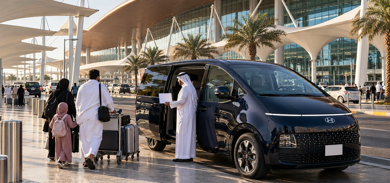 Jeddah Airport taxi: a Hyundai Staria at the King Abdulaziz International Airport arrivals kerb