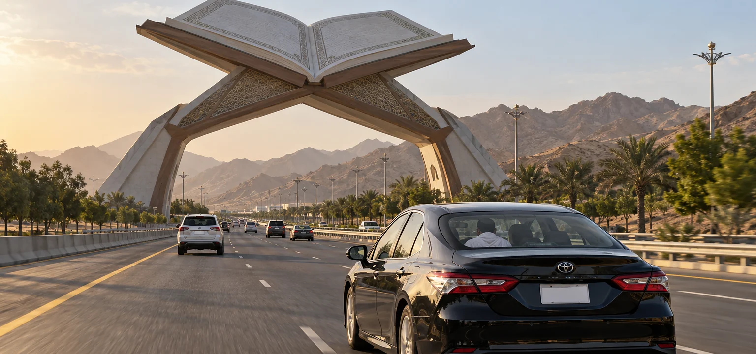Jeddah Airport to Makkah taxi: a Toyota Camry on the Jeddah-Makkah Expressway approaching the Makkah Gate