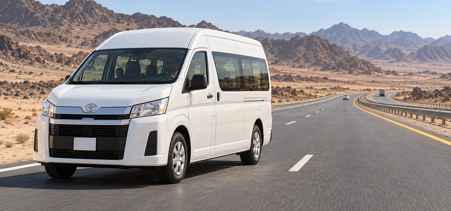 Jeddah to Madinah taxi: a Toyota Hiace on the Jeddah to Madinah highway
