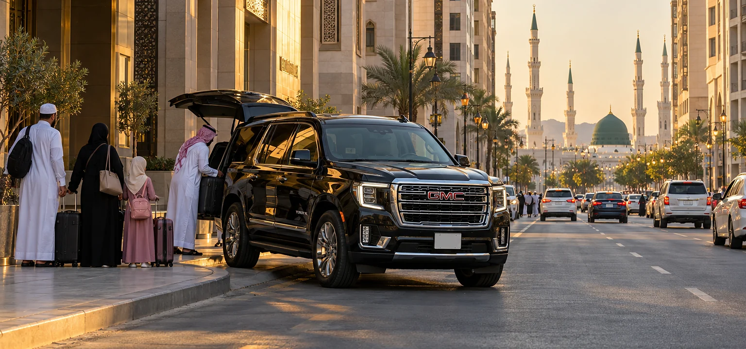 Madinah taxi: a GMC Yukon XL collecting a pilgrim family at a hotel, with Masjid an-Nabawi in the distance