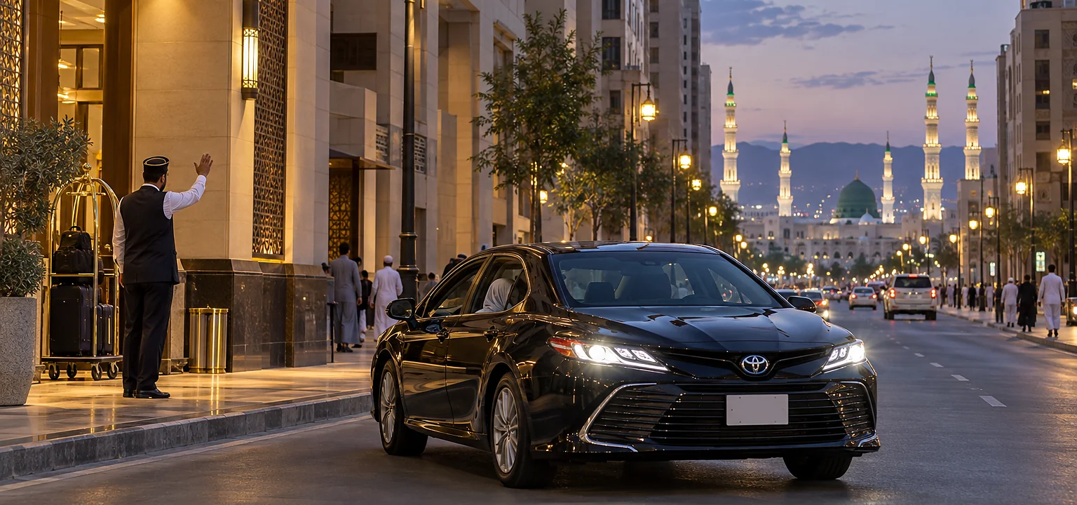Madinah to Jeddah Airport taxi: a Toyota Camry leaving a Madinah hotel at dawn for the airport