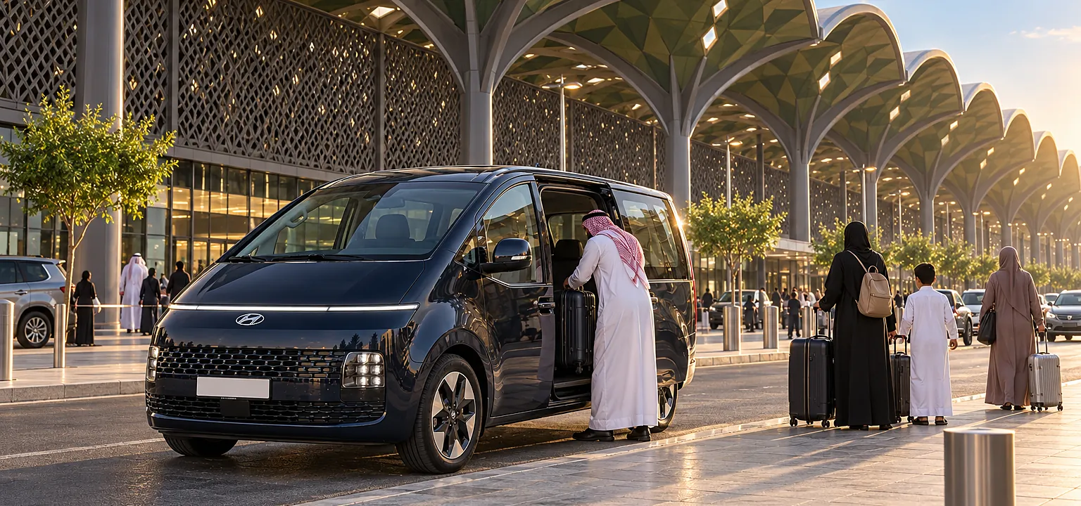 Madinah train station taxi: a Hyundai Staria at the Haramain railway station in Madinah