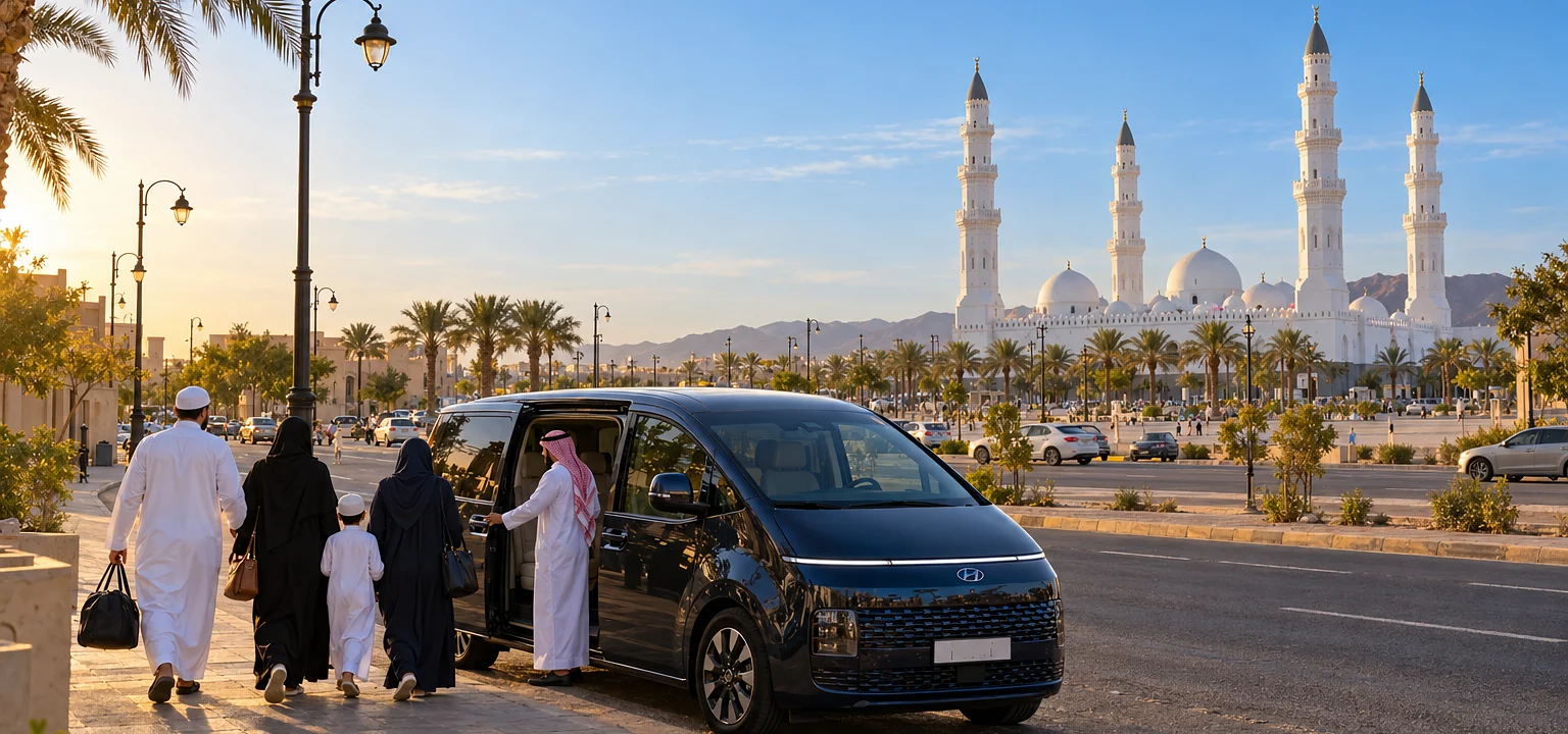 Madinah Ziyarat taxi: a Hyundai Staria outside Masjid Quba in Madinah