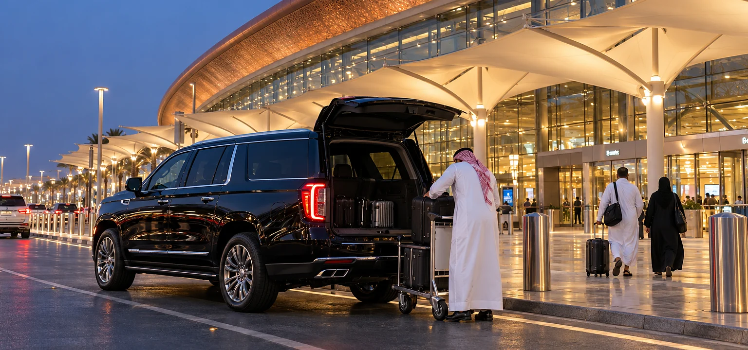 Makkah to Jeddah Airport taxi: a GMC Yukon XL unloading luggage at King Abdulaziz Airport departures
