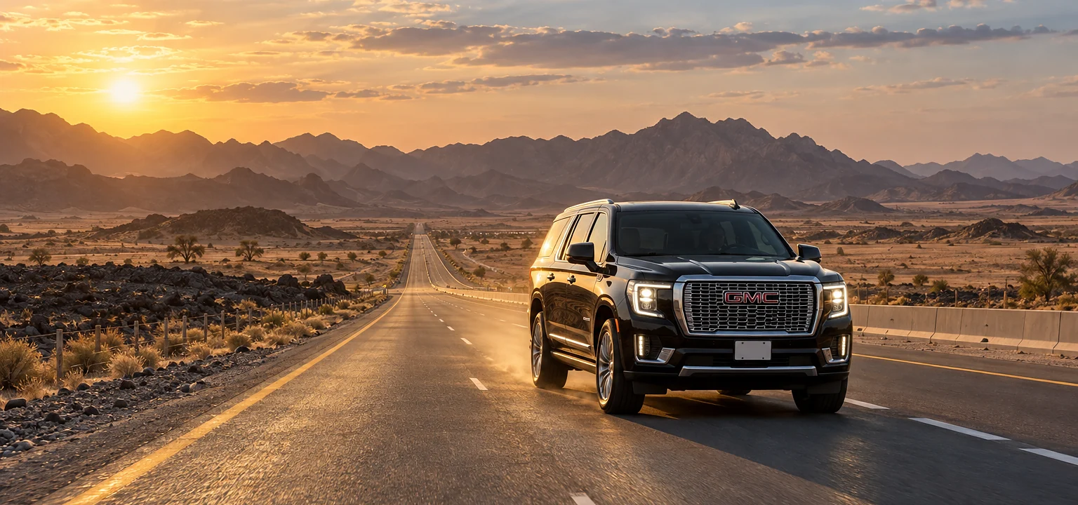 Makkah to Madinah taxi: a GMC Yukon XL on the Hijrah Highway between Makkah and Madinah