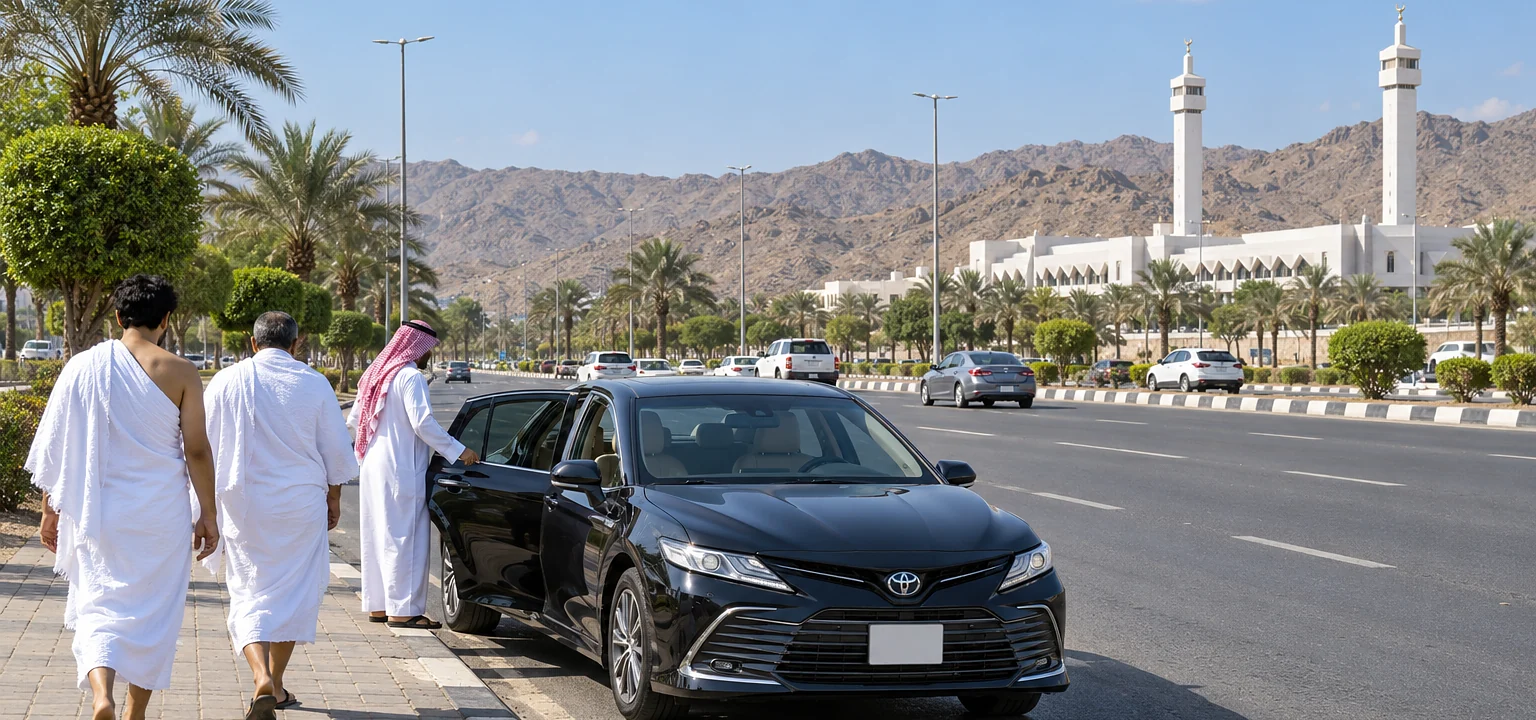 Masjid Ayesha Meeqat taxi: pilgrims in ihram walking to a Toyota Camry outside Masjid Ayesha