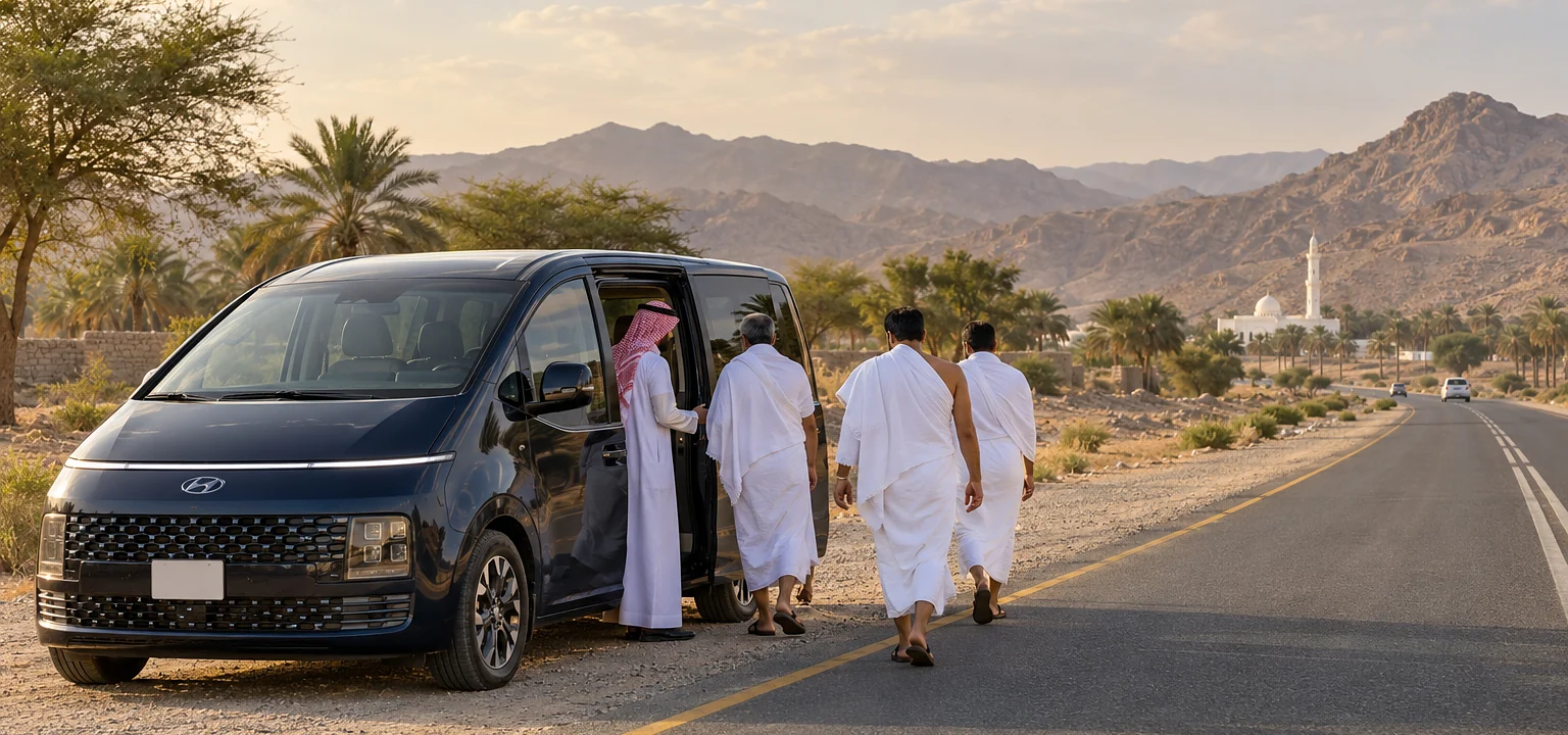 Meeqat taxi from Makkah: a Hyundai Staria outside Masjid al-Jirana