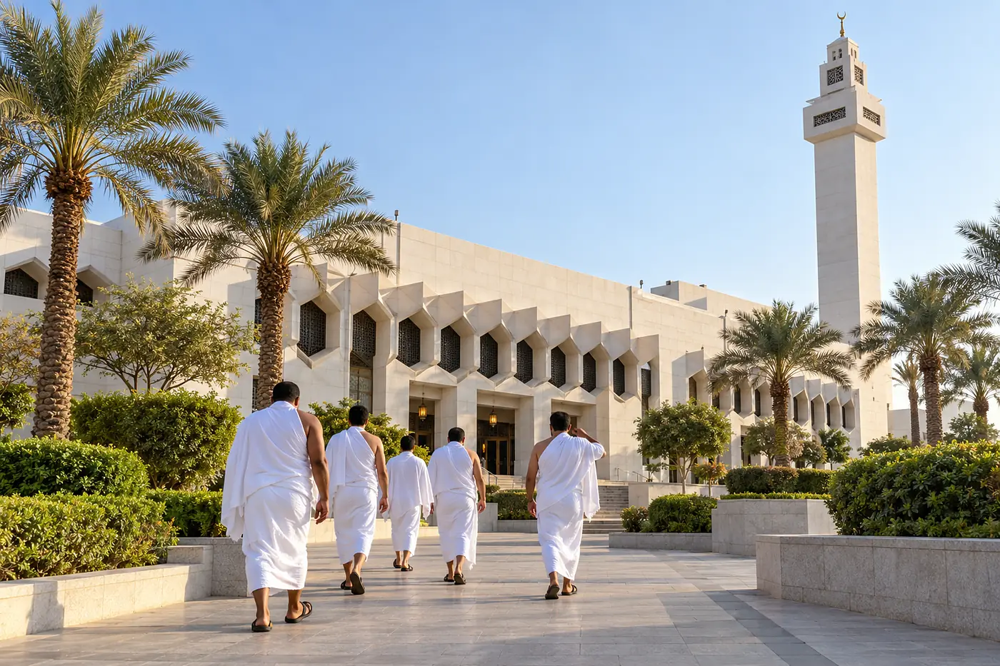 Pilgrims in Ihram clothing at the entrance of Masjid Ayesha