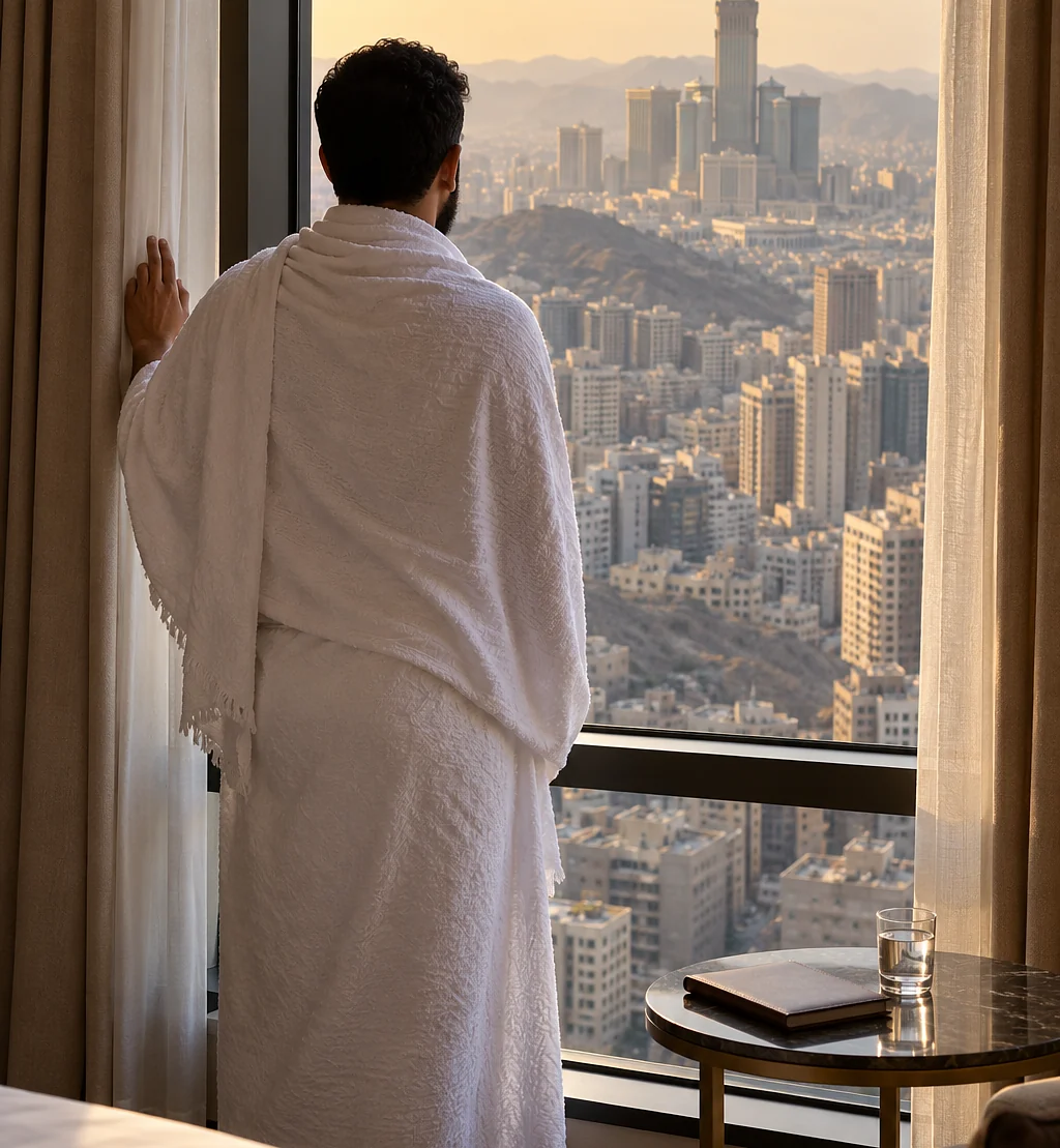 A pilgrim at a Makkah hotel window planning the Umrah trip, the Clock Tower in the distance