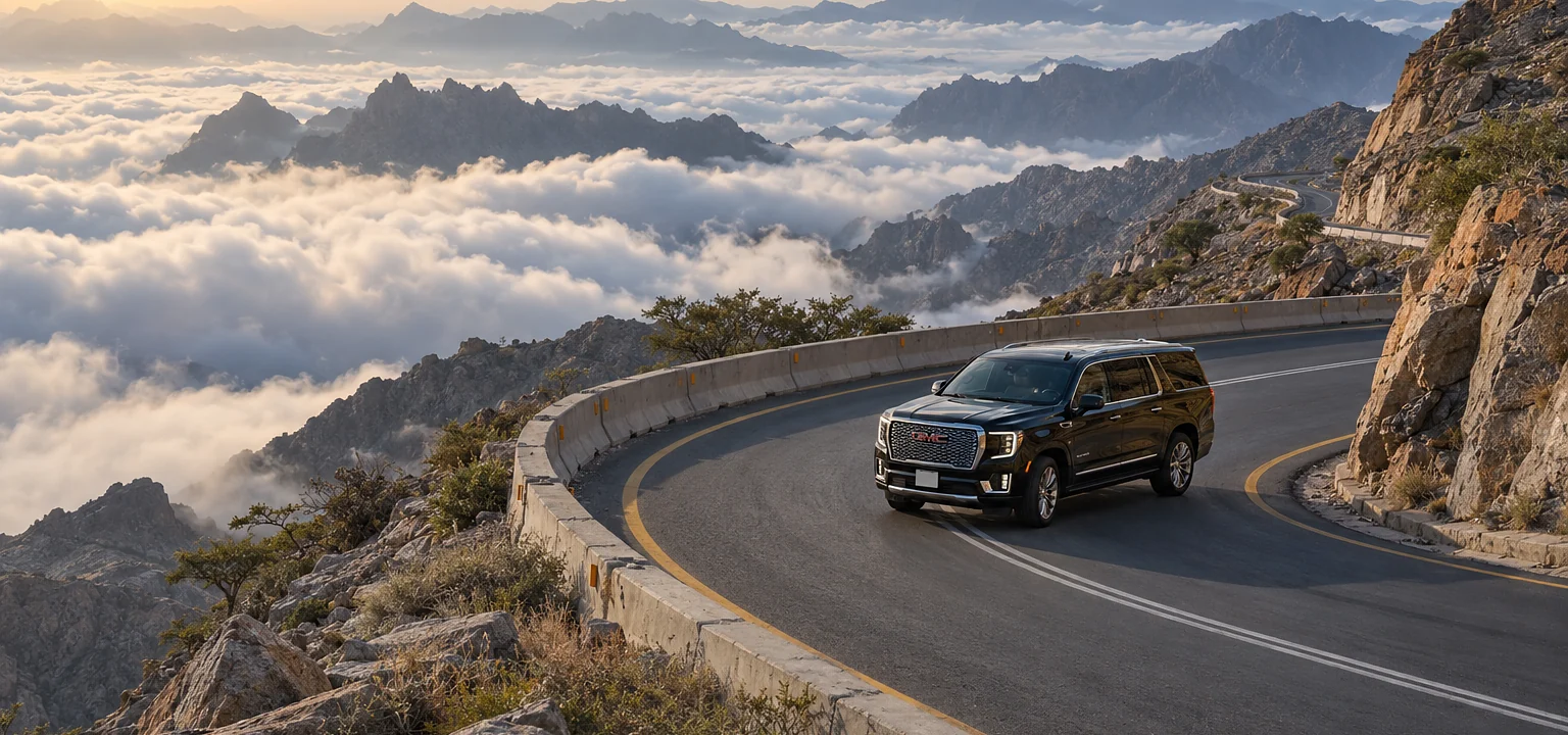 Taif taxi: a GMC Yukon XL on the Al-Hada mountain road to Taif