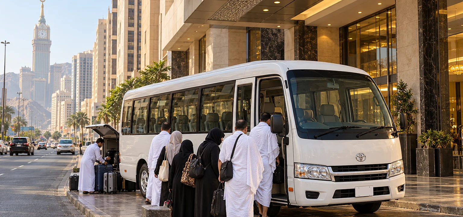 Umrah group transport: a Toyota Coaster boarding a pilgrim group at a Makkah hotel