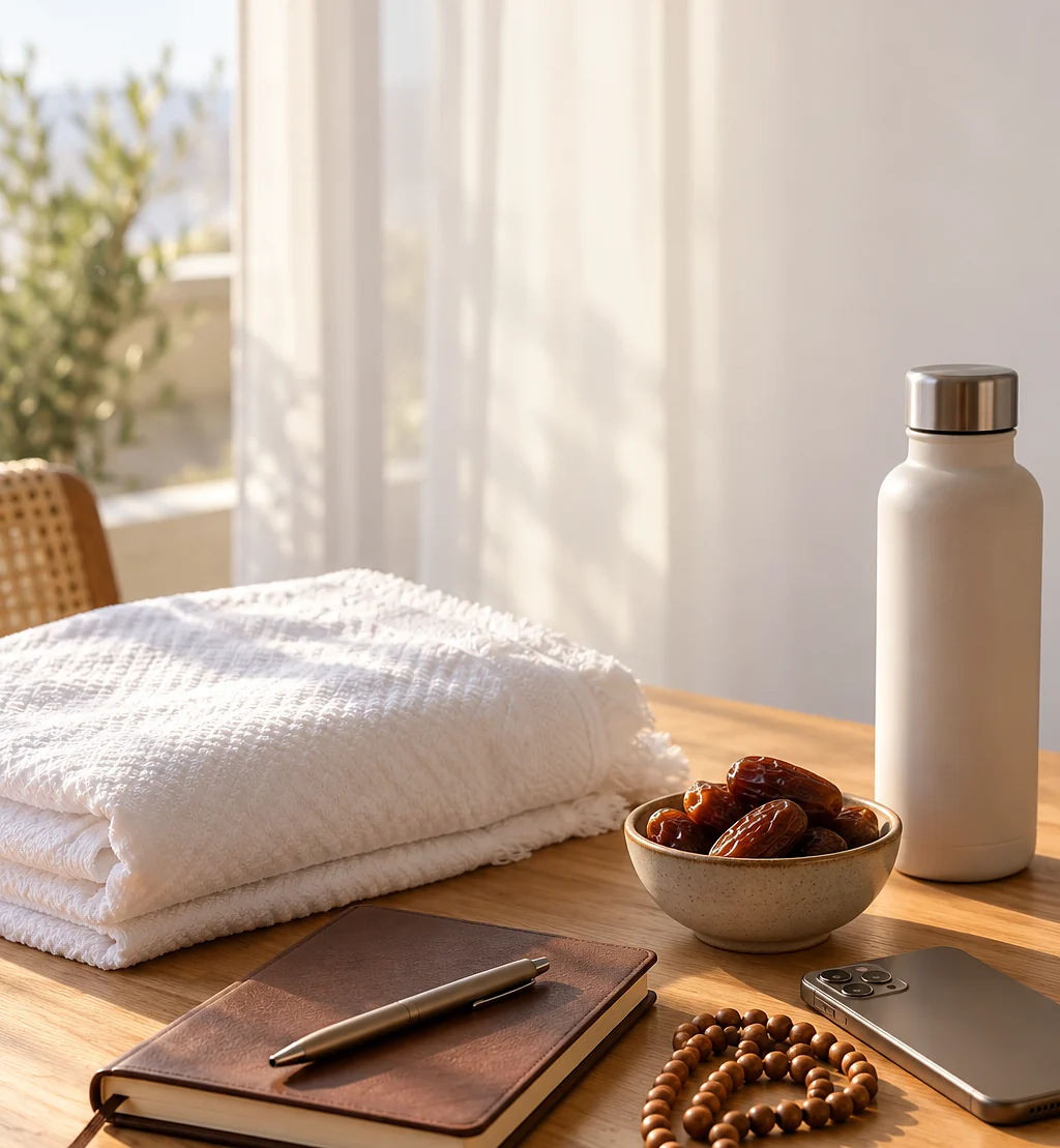 Umrah travel essentials on a table: Ihram cloth, a notebook, prayer beads and dates