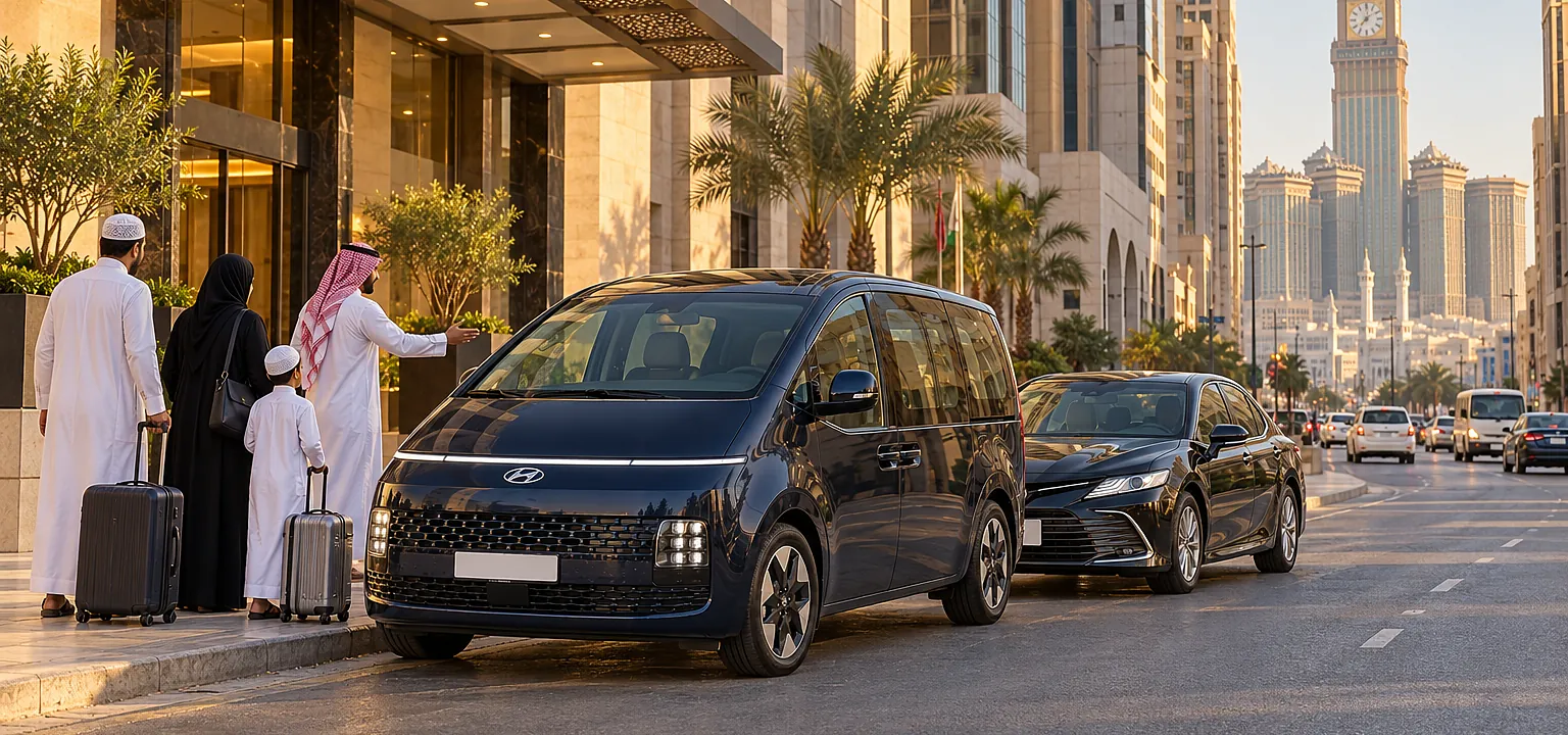 Umrah taxi fares: a Toyota Camry and a Hyundai Staria at a Makkah hotel entrance
